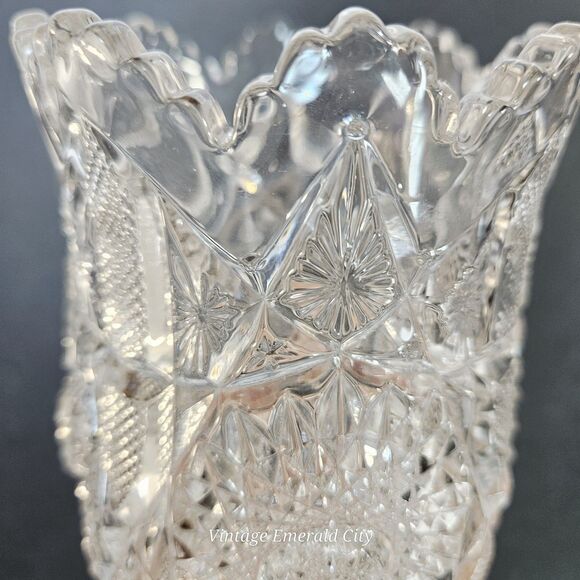 Vtg Brunswick Brilliant Cut Clear Floral Glass Vase Hobstar Sawtooth Rim/ READ - Picture 9 of 12